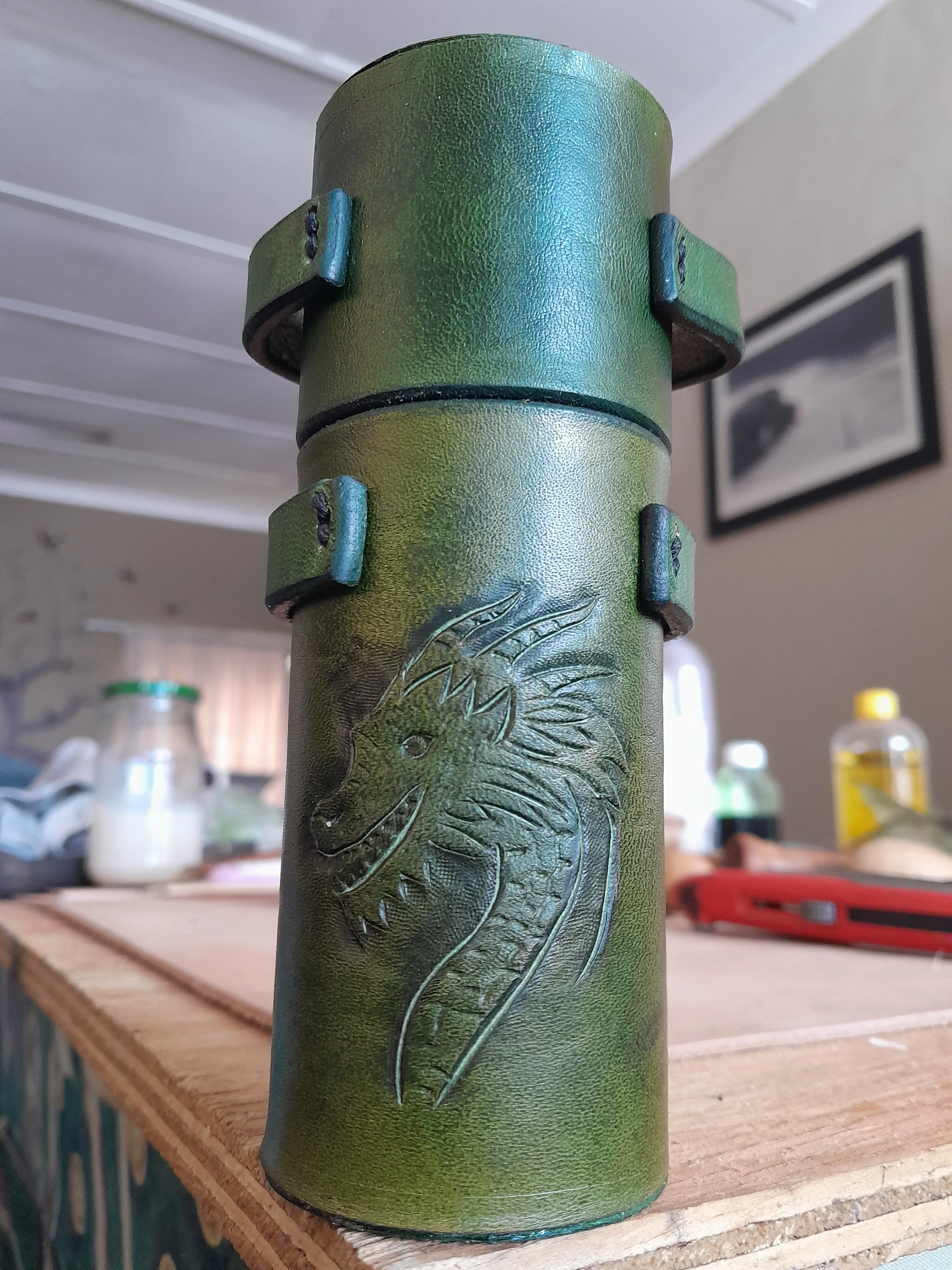 custom tooled glasses case, internally pig skin lined